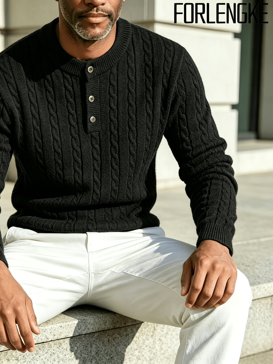 FORLENGKE 2026 New Men's Business Casual Crew Neck Cable Knit Sweater, Soft Warm Long Sleeve Pullover for Fall Winter Office, Daily & Outdoor Wear - Black