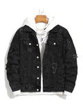 New Men'S Casual Denim Jacket in Solid Color, Non-Stretch, with Stylish Streetwear Vibe And Distressed Details - Black