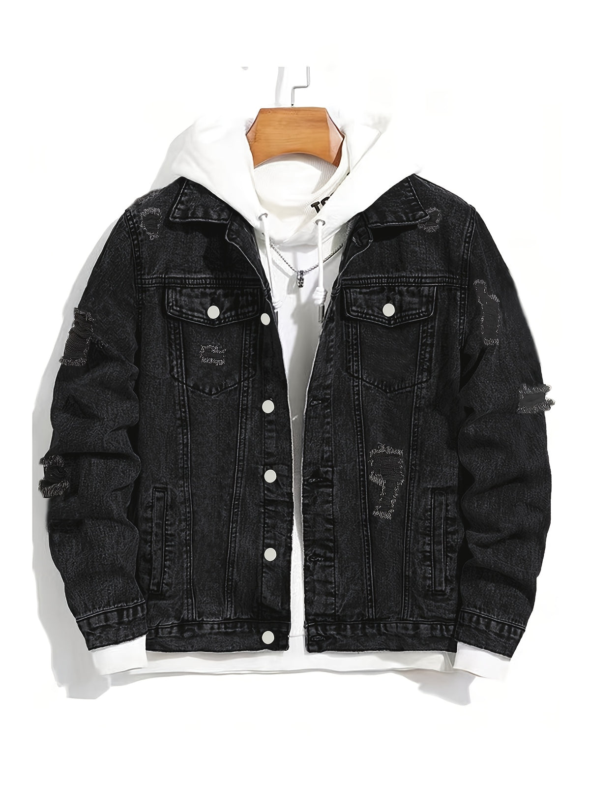 New Men'S Casual Denim Jacket in Solid Color, Non-Stretch, with Stylish Streetwear Vibe And Distressed Details - Black