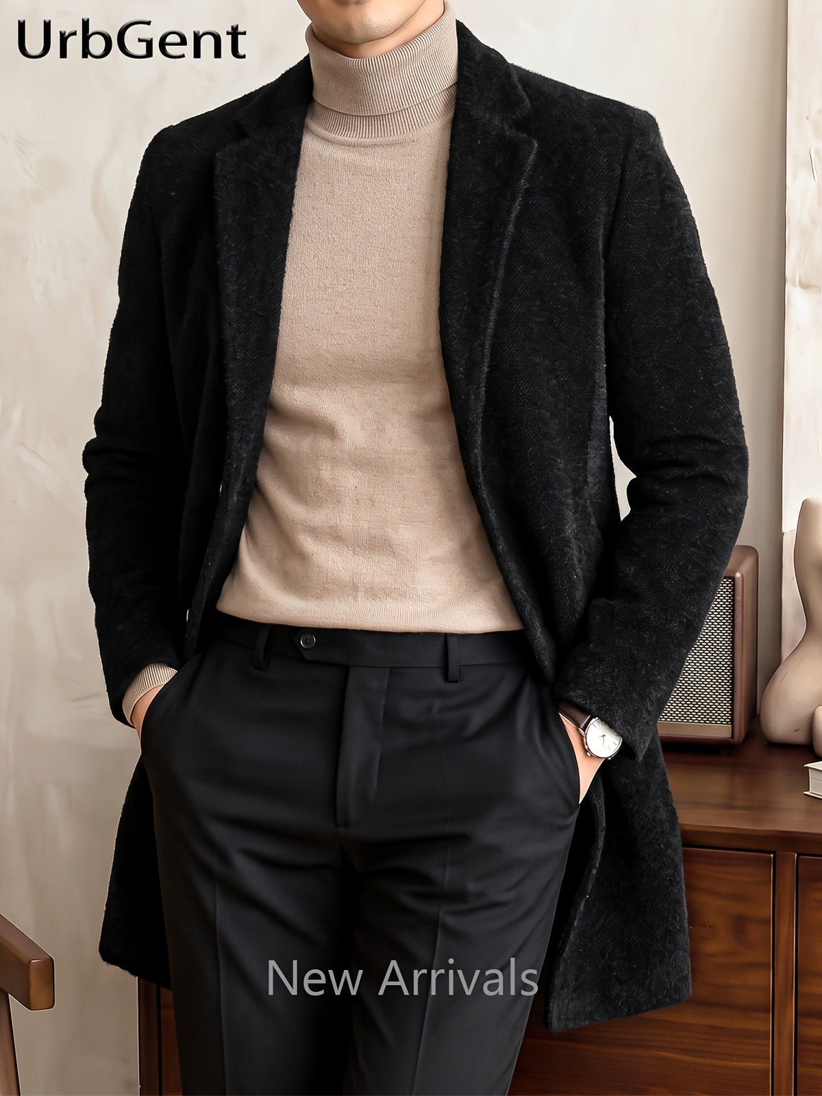 25% Wool Autumn/Winter Men's Suit Lapel Mid-Length Tweed Overcoat, Snowflake Texture Wool Blend Single-Breasted Jacket, Slim Fit Structured Minimalist Solid Color, Versatile Outerwear for Business Commuting and Daily Wear - Black