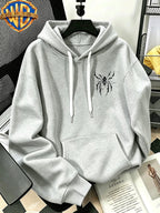 [Warner Bros. Official] Autumn/Winter Streetwear Fashion Men's Drawstring Pocket Hooded Sweatshirt, Dark Gothic Thorn & Cobweb Street Style Cool Print Design, Sporty Loose Fit Hoodie, for Daily Casual Wear, Men's Trendy Fashion, Suitable for Home - Light Grey