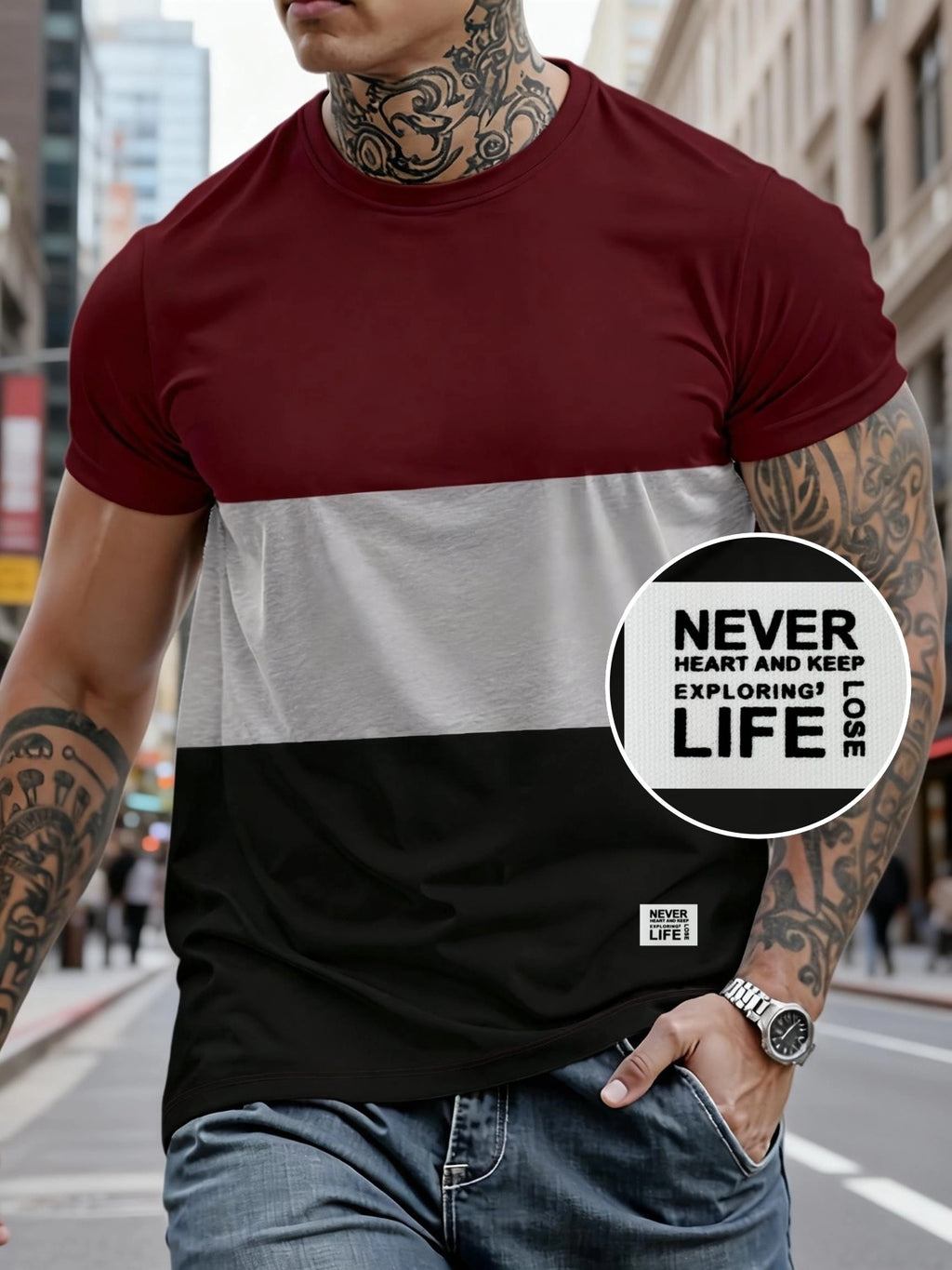 180g 100% Men's Three-Color Patchwork Short-Sleeve Top, Positioning Badge "NEVER LIFE": Summer All-Season Base Layer, Factory-Made for Men, Comfortable, High-Quality, High-Fit Rate, Casual Sportswear - Mixed Color 8