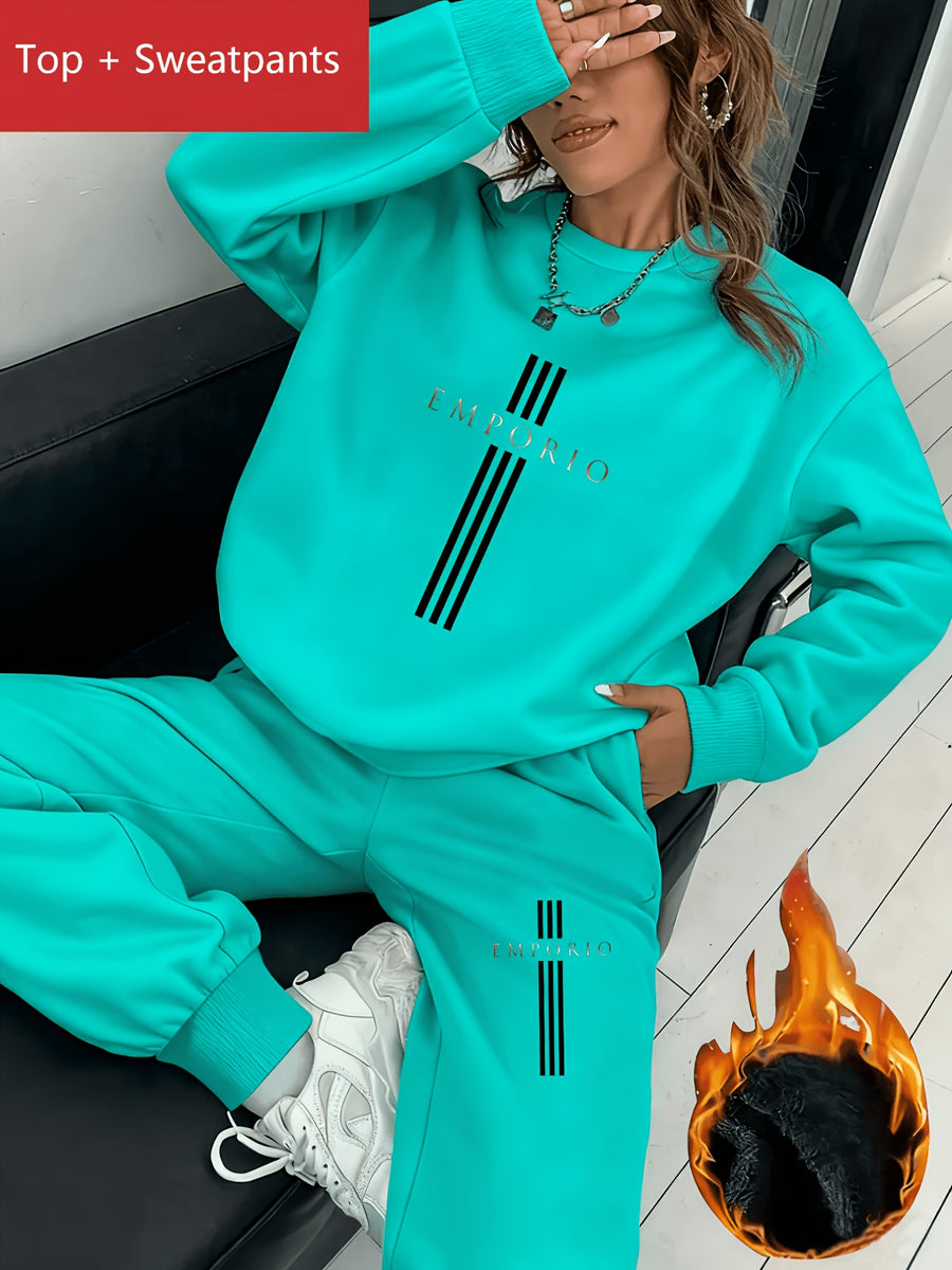2pcs Women's Y2K Sport Sweatshirt Set with Matching Jogger Pants - -Lined Crewneck Set, Suitable for Winter, Multiple Colors, Polyester Material, Machine Washable, for Daily Sportswear, Casual Sporty Style, Fitness Wear - Emerald Green