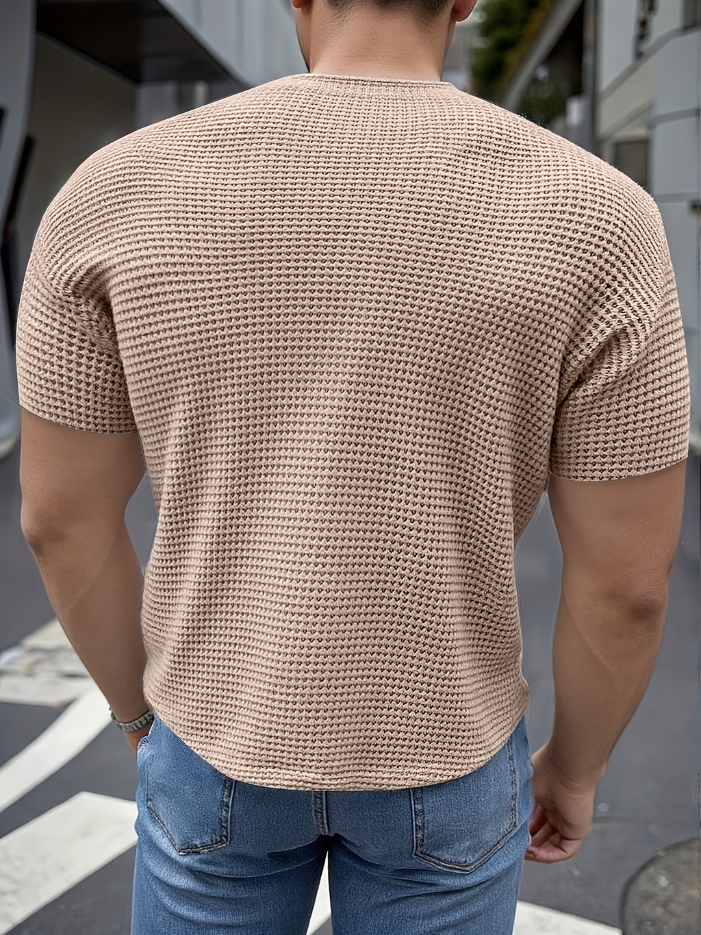 Men's Short-Sleeve Knitted Summer Fashion Jacquard Outerwear Casual Base Layer Solid Color High-Quality Top for Outings, Daily Wear, and Travel Clothing - Khaki