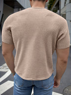 Men's Short-Sleeve Knitted Summer Fashion Jacquard Outerwear Casual Base Layer Solid Color High-Quality Top for Outings, Daily Wear, and Travel Clothing - Khaki