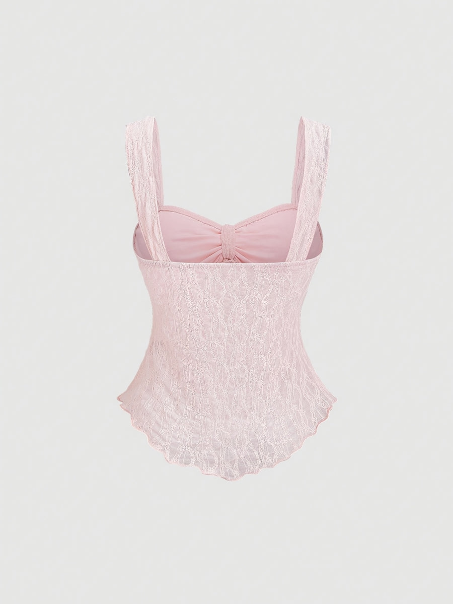 Women'S New Spring/Summer Wide-Strap Bow-Tie, Stretch Textured Fabric Top, Slim Fit, Sweet And Fashionable, Suitable for Dating, Daily Wear - Pink