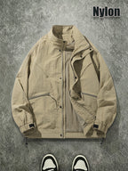 Men's Spring/Autumn American-Style Nylon Solid Color Stand Collar Jacket, Breathable Lightweight Windproof Functional Workwear Outerwear, Loose Fit Streetwear Casual Windbreaker - Khaki