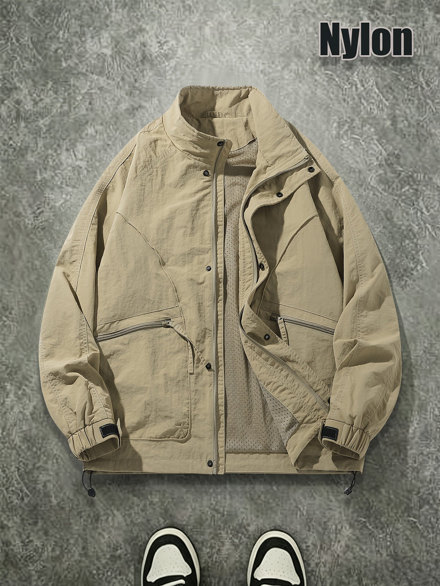 Men's Spring/Autumn American-Style Nylon Solid Color Stand Collar Jacket, Breathable Lightweight Windproof Functional Workwear Outerwear, Loose Fit Streetwear Casual Windbreaker - Khaki