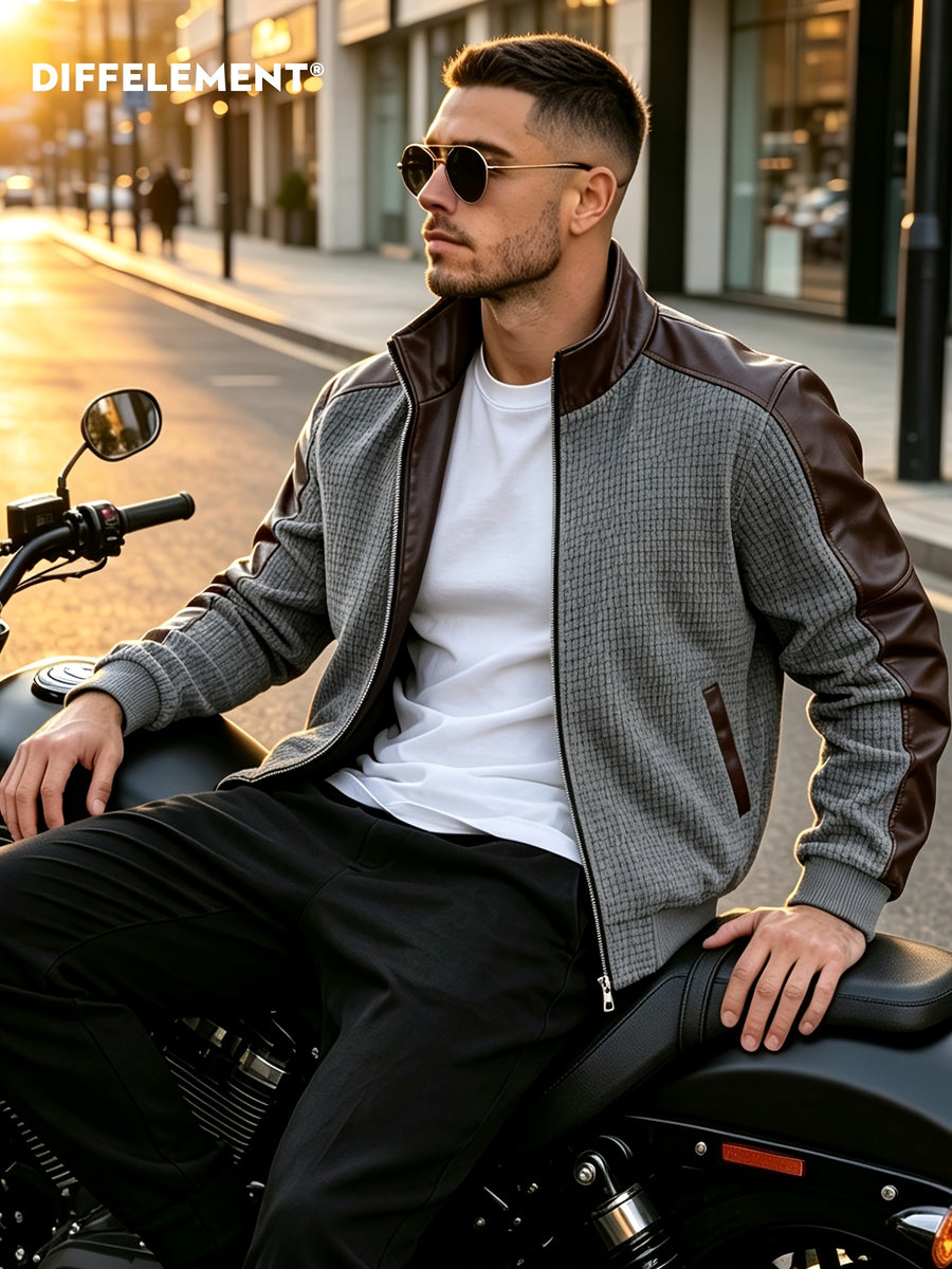 DIFFELEMENT Men's Casual Stand Collar Corduroy Jacket, Soft Waffle Fabric, Color Block Patchwork Design, Stand-Up Full Zipper Jacket, Wrinkle-Resistant with Ribbed Cuffs, Windproof, Lightweight and Warm Outerwear, Regular Fit, Suitable for Daily - Grey