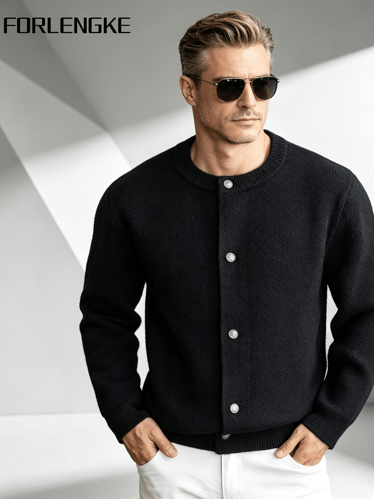2026 New Fashion Business Mature Casual Men'S Round Neck Single Button Knit Cardigan Sweater, Soft Warm Breathable Long Sleeve Knit Jacket, Suitable for Daily, Office, And Weekend Outfits in Autumn And Winter - Black