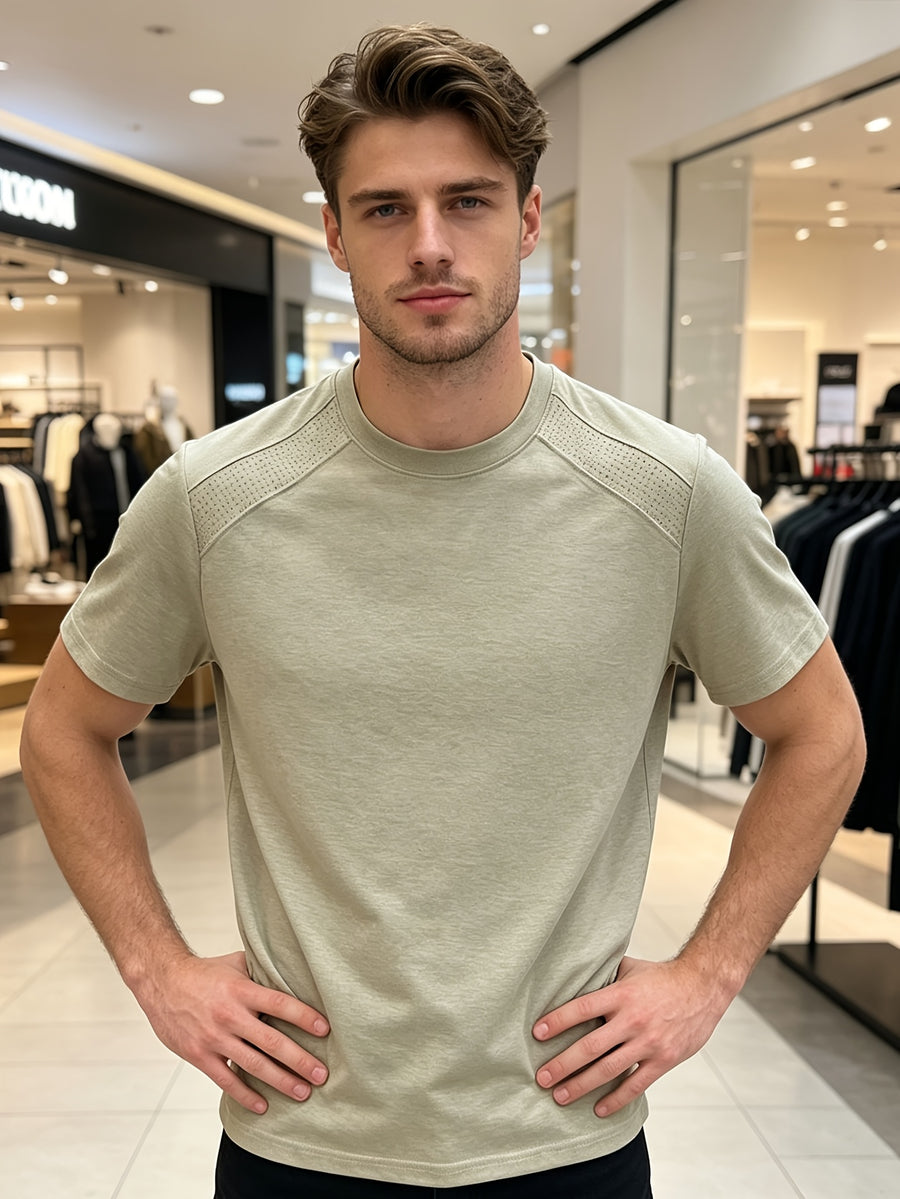 Men'S Solid Color Quick-Dry Round Neck T-Shirt, Versatile for Daily Commute And Light Sports, Breathable with Micro-Perforations, Enhanced Ventilation, Comfortable And Non-Sticky in Summer - Beige Color