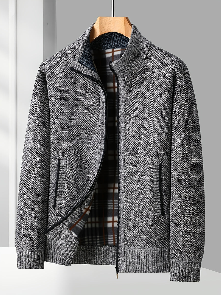Easy And Casual Men'S Thick Knitted Cardigan, Autumn And Winter Stand Collar Zipper Top Classic Basic Style with Practical Double-Sided Pockets, Basic Style for Daily Wear of Young And Middle-Aged People - Light Grey