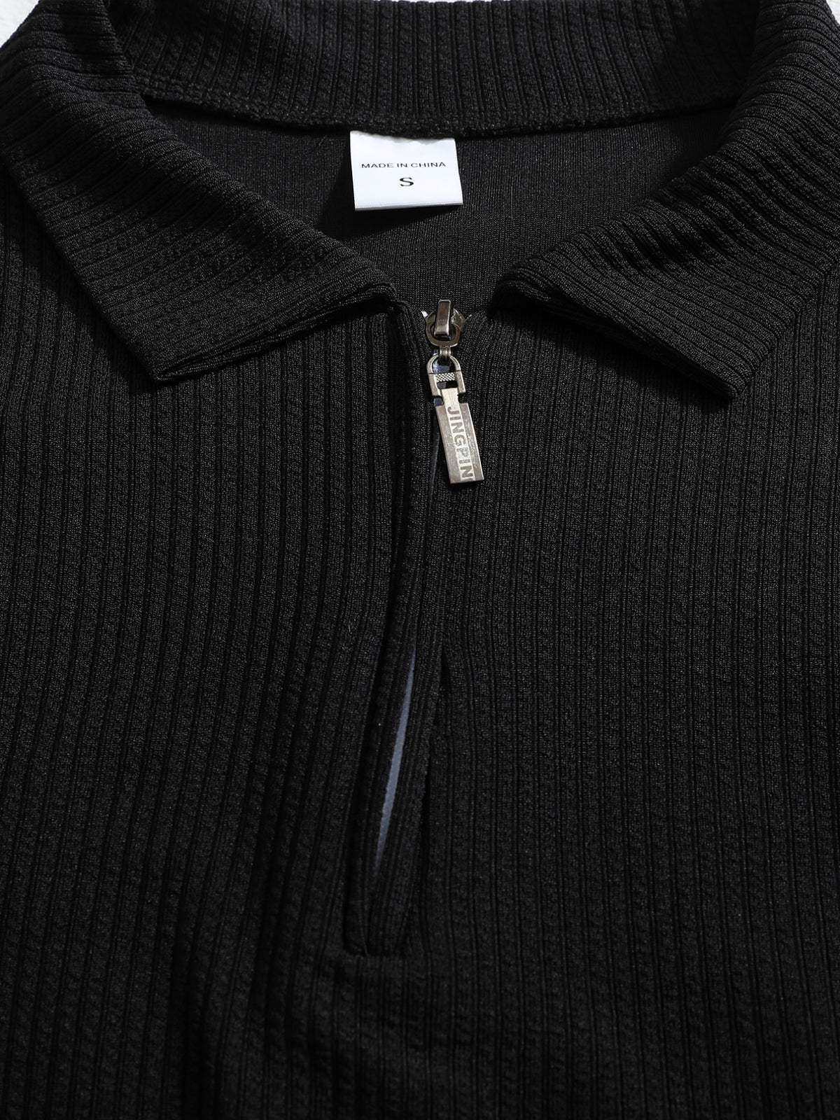 Autumn/Winter Men's Long-Sleeve Lapel Outdoor Casual Sport Half-Zip Printed Polo Shirt - Black