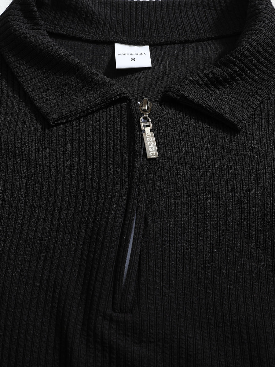 Autumn/Winter Men's Long-Sleeve Lapel Outdoor Casual Sport Half-Zip Printed Polo Shirt - Black