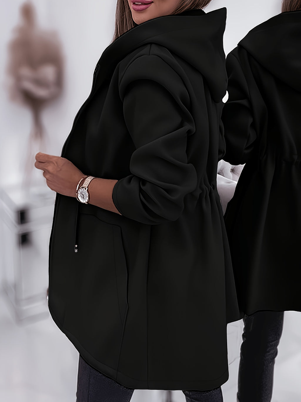 Pocket Zipper Design Drawstring Hooded Coat - Black