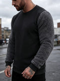 Men's Autumn and Winter Round Neck Plush Sweatshirt, Using Fashionable Color Block Patchwork Pattern and Pure Color Design Sweatshirt. The Anti-wrinkle Soft Knitted Material Is Very Practical. Suitable for Students' Daily Wear on Campus. - Black