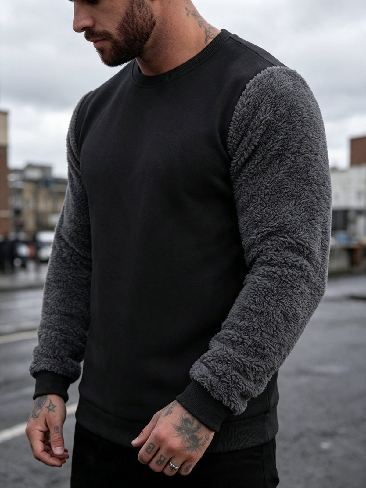 Men's Autumn and Winter Round Neck Plush Sweatshirt, Using Fashionable Color Block Patchwork Pattern and Pure Color Design Sweatshirt. The Anti-wrinkle Soft Knitted Material Is Very Practical. Suitable for Students' Daily Wear on Campus. - Black