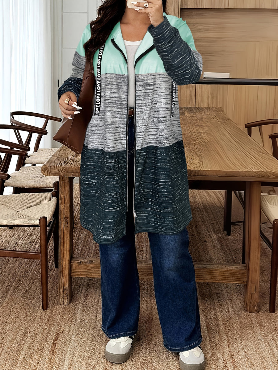 Plus Size, Cross-border Autumn/winter New Color-block Printed Letter Drawstring Hooded Long-sleeve Pocket Women's Plus-size Casual Jacket - Mineral Green