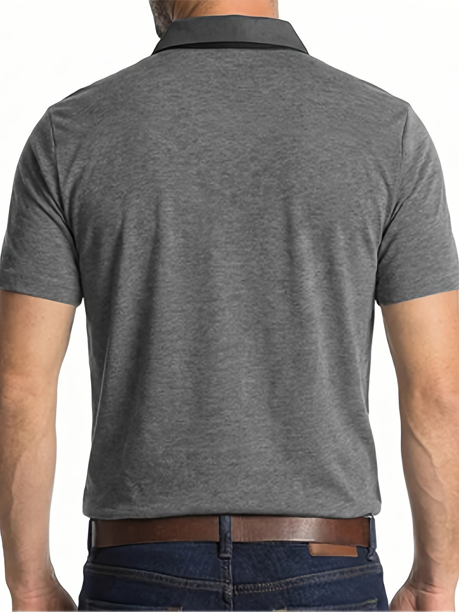 KJ-P035 Men's Daily Outdoor Casual Short-Sleeve Polo Shirt, Solid Color Henley Neck Top, Versatile T-Shirt for Fitness, Commuting, and Multiple Scenarios - Dark Gray