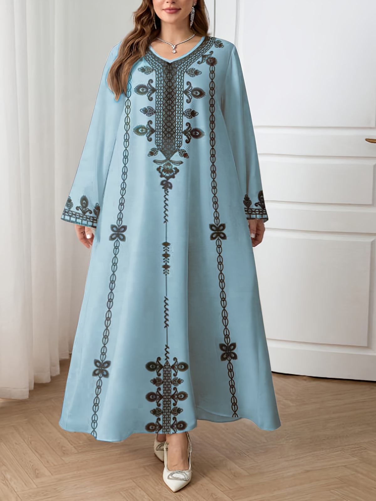 Newly Arrived Elegant Robe for The Middle Eastern Style in 2026, Featuring Ethnic Prints And a Long Skirt Suitable for Ramadan, Eid Al-Fitr, And Eid Al-Adha. This Loose And Comfortable Long-Sleeve Dress Is Perfect for Commuting And Vacationing - Powder blue
