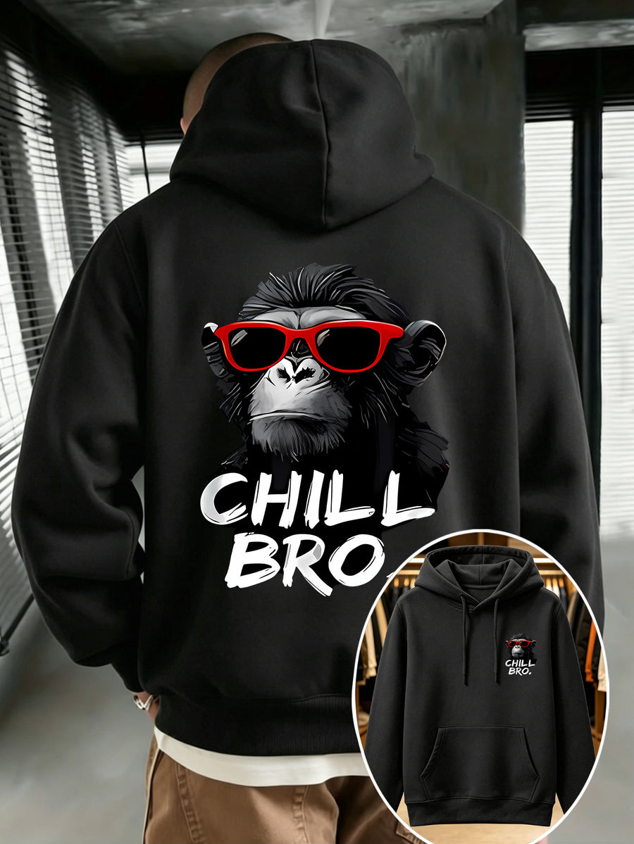 Men's Casual Versatile Hooded Sweatshirt with Fashion Glasses Chimpanzee "CHILL BRO" Fun Double-Sided Graphic Print - Front Kangaroo Pocket, Machine Washable, High-Quality Fabric Suitable for Casual and Sportswear, Daily Comfort - Casual Long-Sleeve - Black
