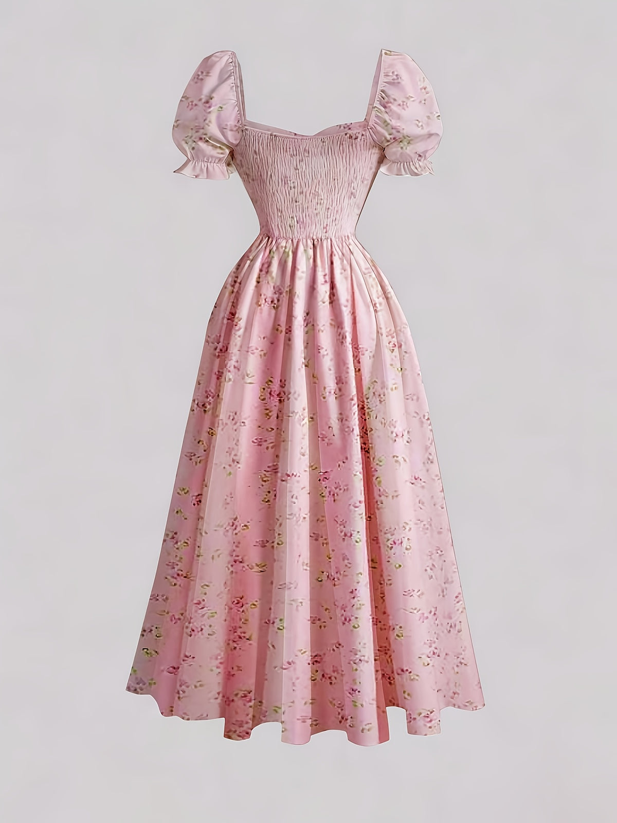 Ladies' New Spring And Summer Elegant Floral Print Long Dress, Bubble Sleeve Design, Front Waist Tie, Back Waist Shirred Waist, Elegant And Flowing, Romantic Long Dress, Suitable for Daily Wear, Party Gatherings, Vacation Holidays - Peach