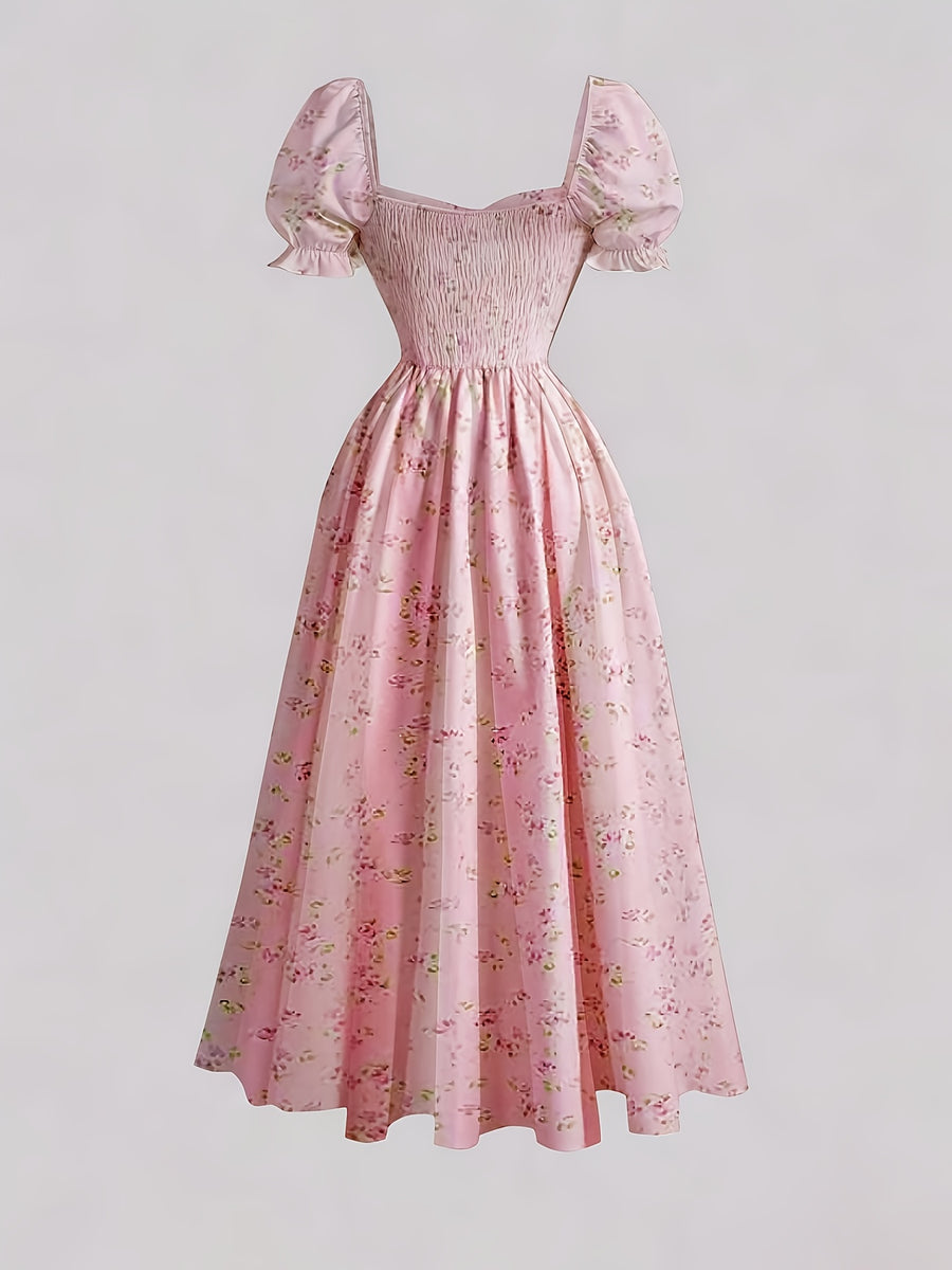 Ladies' New Spring And Summer Elegant Floral Print Long Dress, Bubble Sleeve Design, Front Waist Tie, Back Waist Shirred Waist, Elegant And Flowing, Romantic Long Dress, Suitable for Daily Wear, Party Gatherings, Vacation Holidays - Peach