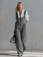 Women's Vintage Striped Single-Breasted Wide-Leg Overalls - Dark Gray