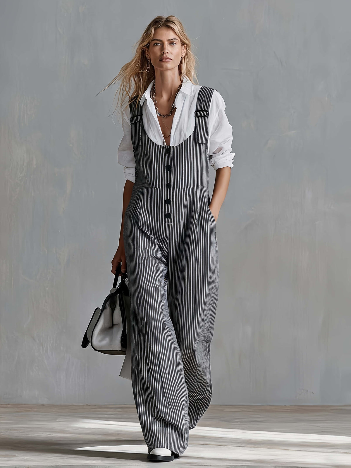 Women's Vintage Striped Single-Breasted Wide-Leg Overalls - Dark Gray