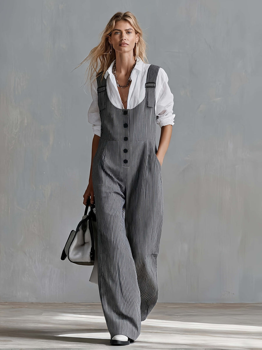 Women's Vintage Striped Single-Breasted Wide-Leg Overalls - Dark Gray