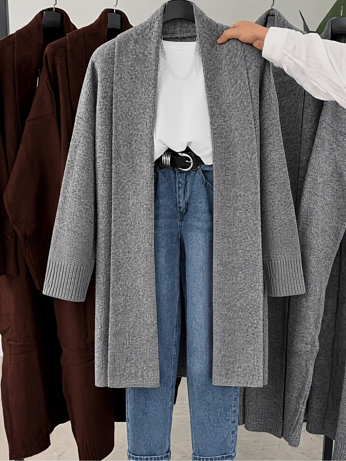 Large Lapel Buttonless Long Cardigan, Elegant Home Office Casual Versatile Foldable Wide Sleeve Loose Over-The-Knee Coat - Grey