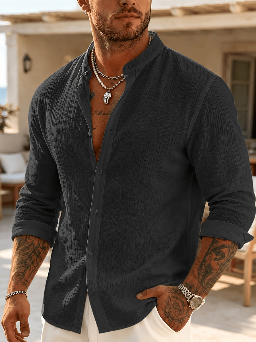 [Pearson OBM] Men'S Comfortable Long Sleeve Casual Shirt - Party Wear, Lightweight Breathable Stand Collar Button-Up, Versatile for Daily Wear, Activities, And Outings, Fashionable Men'S Clothing for Various Occasions, Street Style - Grey