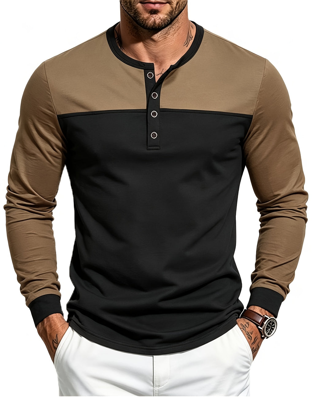 Men's Long Sleeve Henley T Shirt, Color Block Button Placket Pullover Top Loose Fit Casual Tee, Workout Sports Daily Commute Fall Mens Clothing - Brown on top and black on bottom