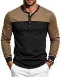 Men's Long Sleeve Henley T Shirt, Color Block Button Placket Pullover Top Loose Fit Casual Tee, Workout Sports Daily Commute Fall Mens Clothing - Brown on top and black on bottom