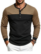 Men's Long Sleeve Henley T Shirt, Color Block Button Placket Pullover Top Loose Fit Casual Tee, Workout Sports Daily Commute Fall Mens Clothing - Brown on top and black on bottom