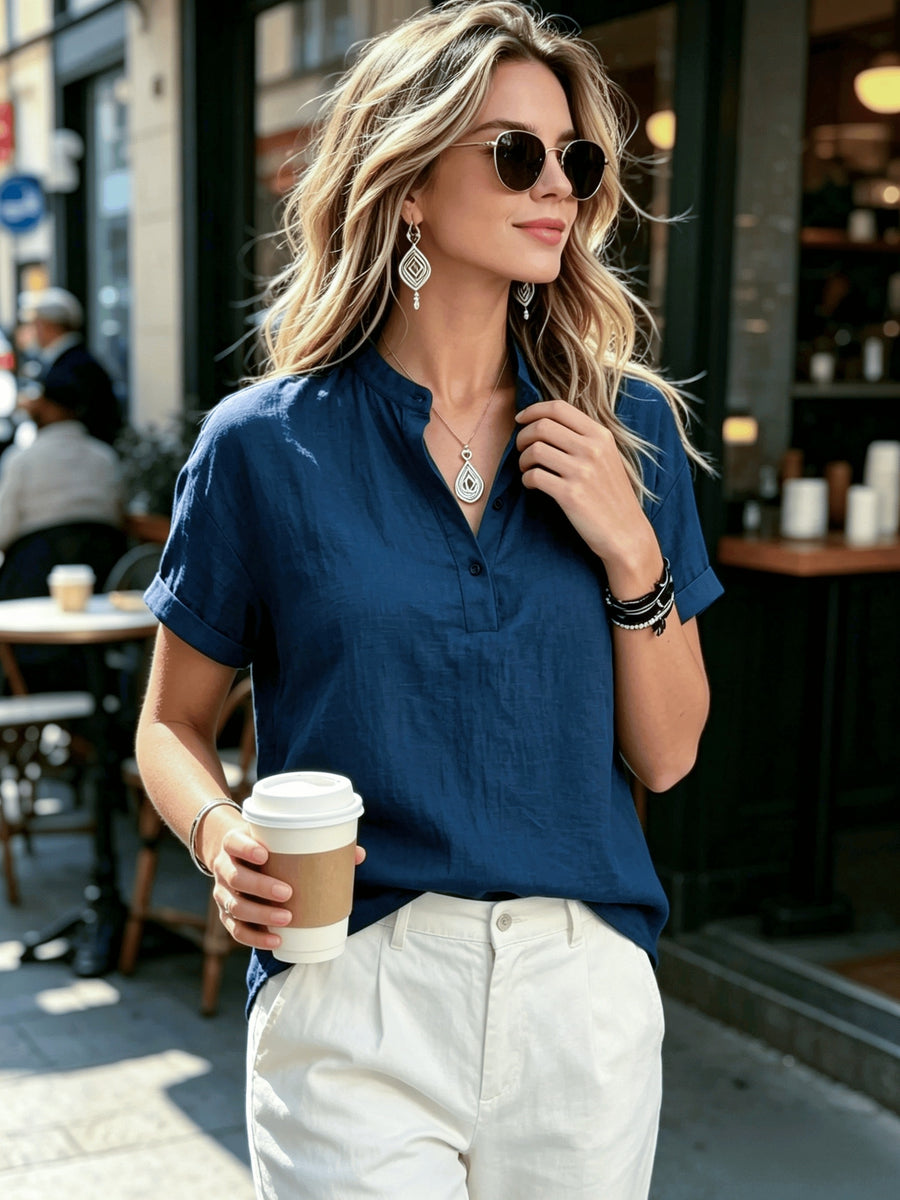 Ladies' Casual Solid Color Short Sleeve Shirt, Versatile Commuting Style Top, Loose And Comfortable, Lightweight And Breathable - Navy Color