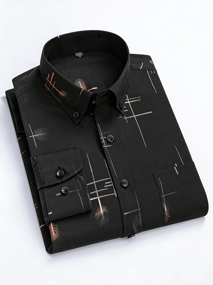 Men'S Long-Sleeve Shirt with Bronzing Print, Business Casual Wrinkle-Resistant Shirt, Light Luxury Versatile Top for Middle-Aged And Young Men - Black