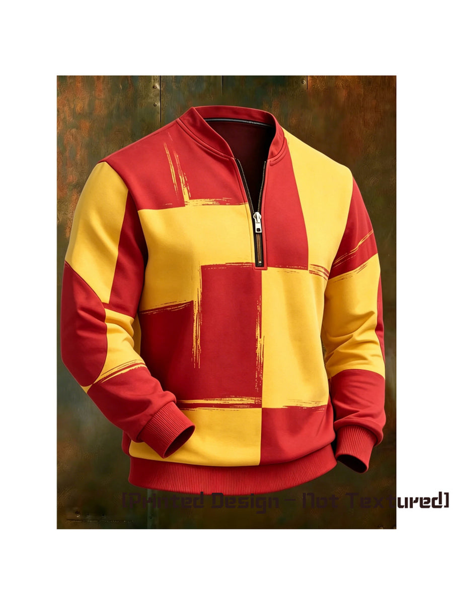 [Print Design - Non-Textured] Men'S Print Stand-Collar Half-Zip Long Sleeve Sweatshirt, Polyester Fabric, Regular Fit, Fashionable Brushstroke Plaid Pattern, Suitable for Casual Wear, Streetwear, And Outdoor Activities - Mixed Color 3