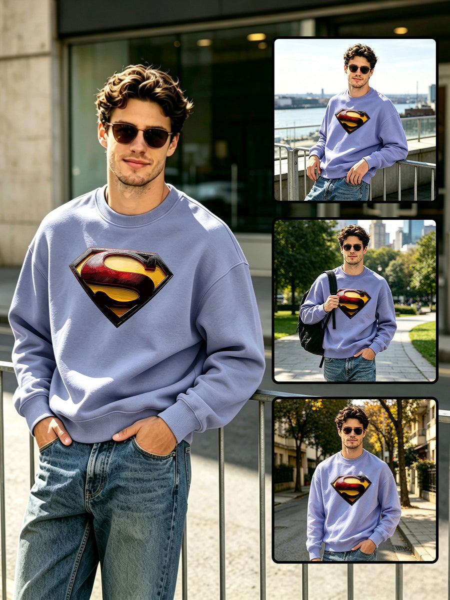 Single Pc, Unisex, Loose Fit, "Superman S Shield Logo, Metallic 3D Embossed Texture, Red Black Yellow Contrast, Sharp Edges, Centered Placement" Print, Solid Color 100% Polyester Round Neck Sweatshirt, Casual Street Commute - Lavender