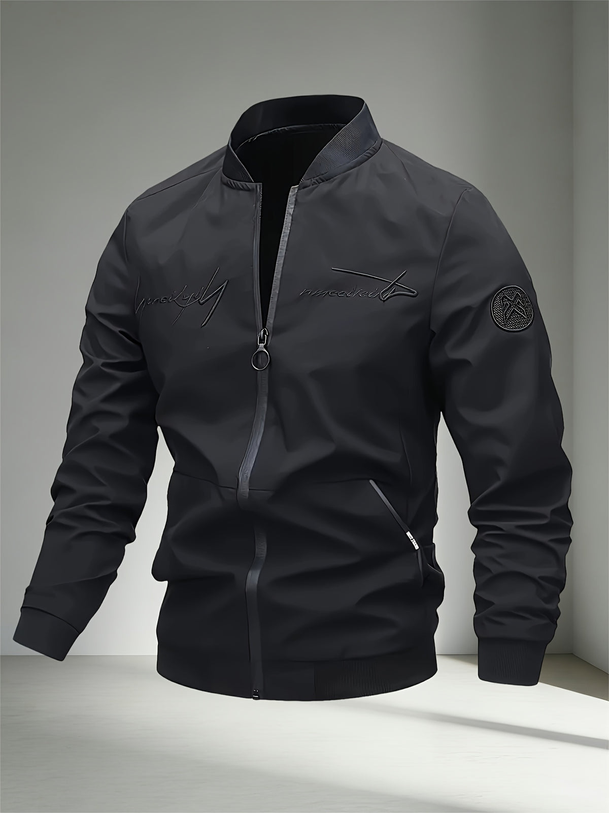 2026 New Men's Casual Windproof Jacket - A Must-Have for Stylish Men, Lightweight for Spring and Autumn, Full Zip Closure with Letter Embroidery, Casual Pilot Jacket Baseball Jacket, Fashionable and Versatile Streetwear Trend, Suitable for Outdoor - Classic Black