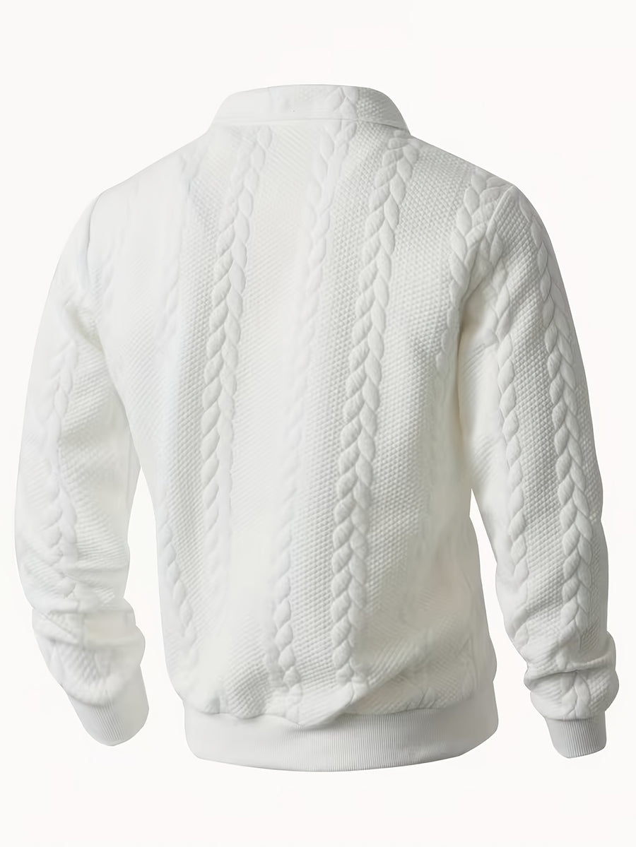 Autumn Winter Men'S Zipper Lapel Sweatshirt, Fashion Jacquard Long Sleeve Collared Shirt - White