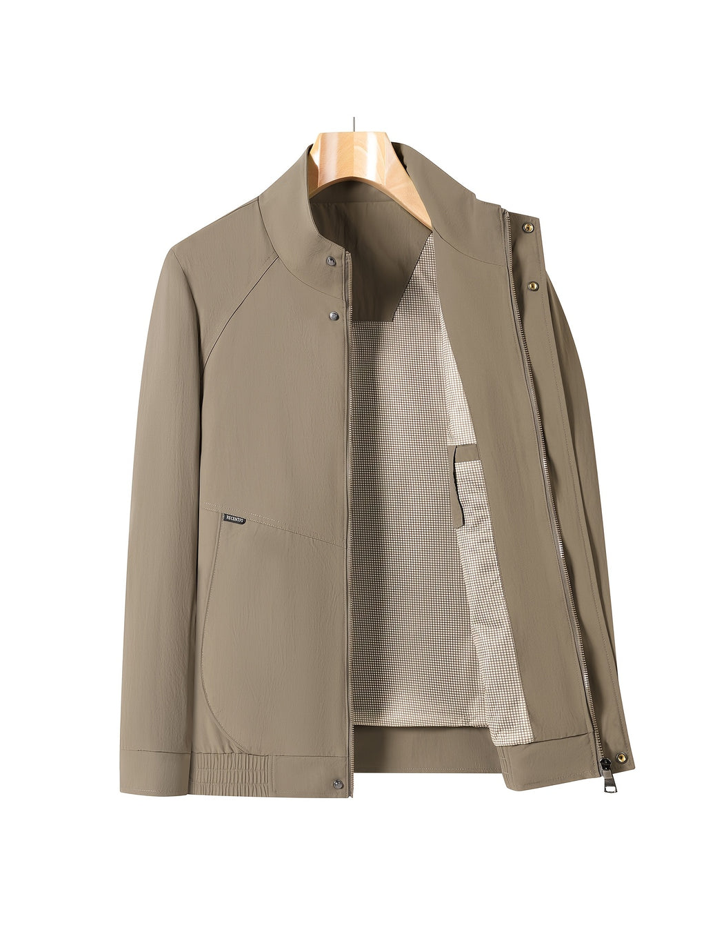 Men'S Stand-Up Collar Zip-Up Lightweight Business Jacket, Textured Wrinkled Fabric with Fine Check Breathable Full Lining, Zipper And Button Double-Breasted Casual Commuter Trench Coat, Curved Side Zip Pockets Slight Body-Shaping Top - Khaki