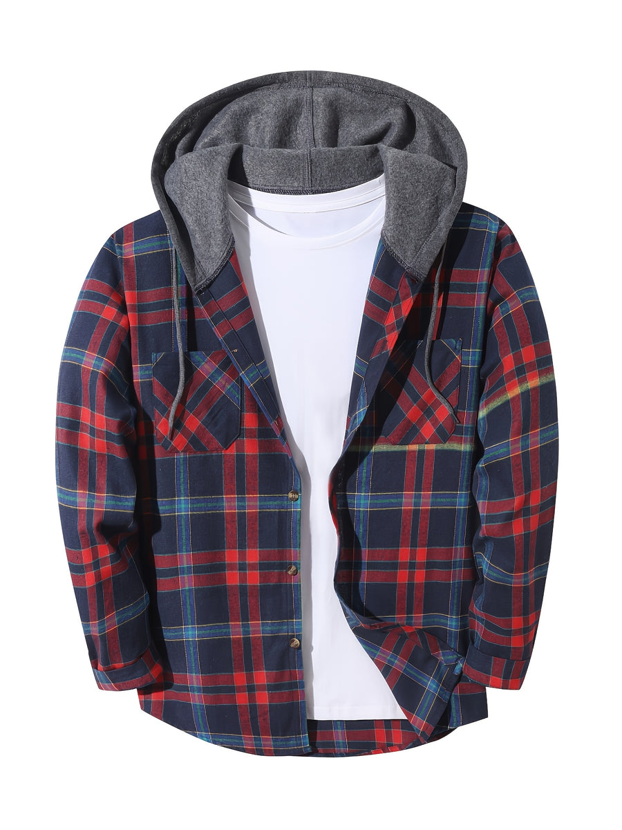Men'S Plaid Hoodie Fashion Hoodie Fleece Shirt Price Long Sleeve Casual Button-Up Hoodie, Autumn Essentials - Navy Blue Red A1