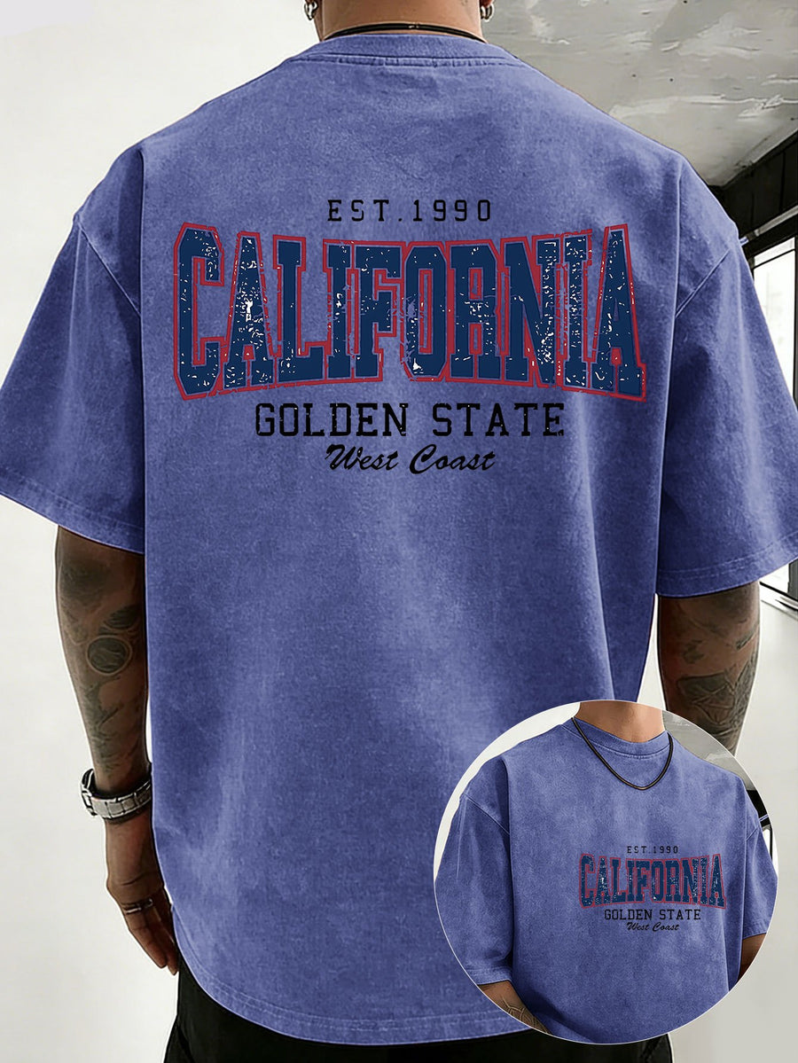 Midsummer Festival Holiday Style Unisex T-Shirt, Pure Cotton Washed Distressed, Double-Sided Print, Breathable and Sweat-Absorbent, Loose Fit for Outdoor Hiking, Sports, Trendy Casual Short Sleeve - Royal Blue