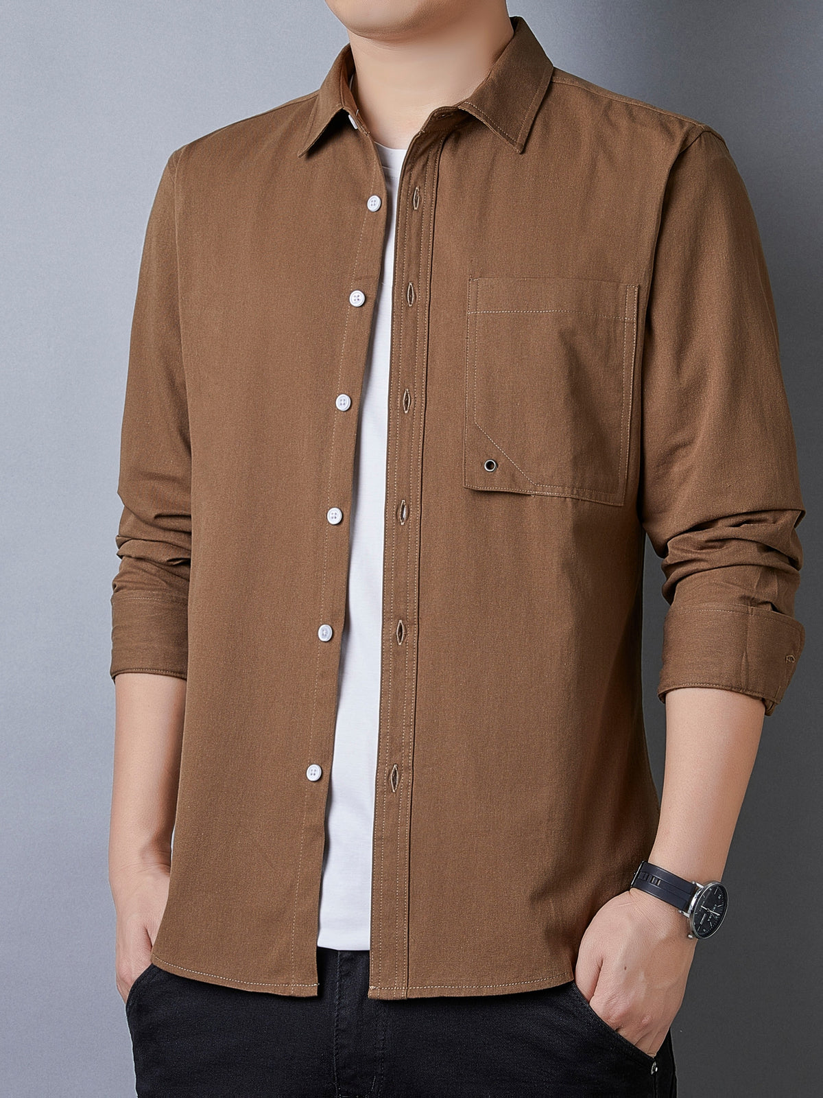 Men's Casual Pure Cotton Long-Sleeve Shirt for Spring and Autumn, Solid Color Simple Lapel Single-Pocket Shirt for Daily Commuting, Work, and Dating, Men's Top - Coffee Color