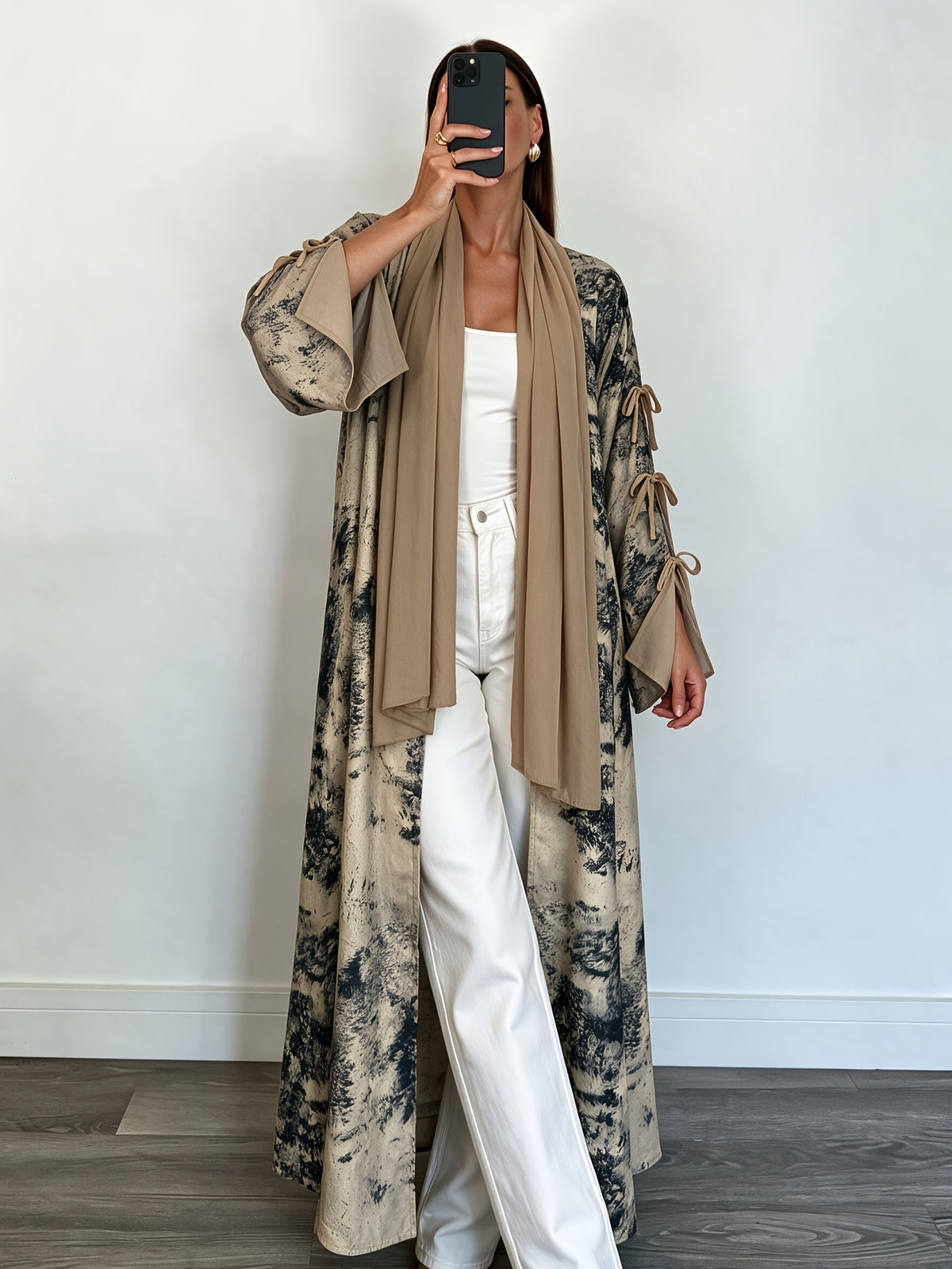 1 Set Women's Tie-Dye Print Open Front Long Kimono Cardigan, Flare Sleeve with Side Bow Detail Maxi Cover-Up, Modest Dubai Abaya Outerwear for Daily and Vacation Wear, Ink Wash Tie-Dye Print Long Open Abaya Kimono, Bell Sleeve with Side Self-Tie Bow - Khaki