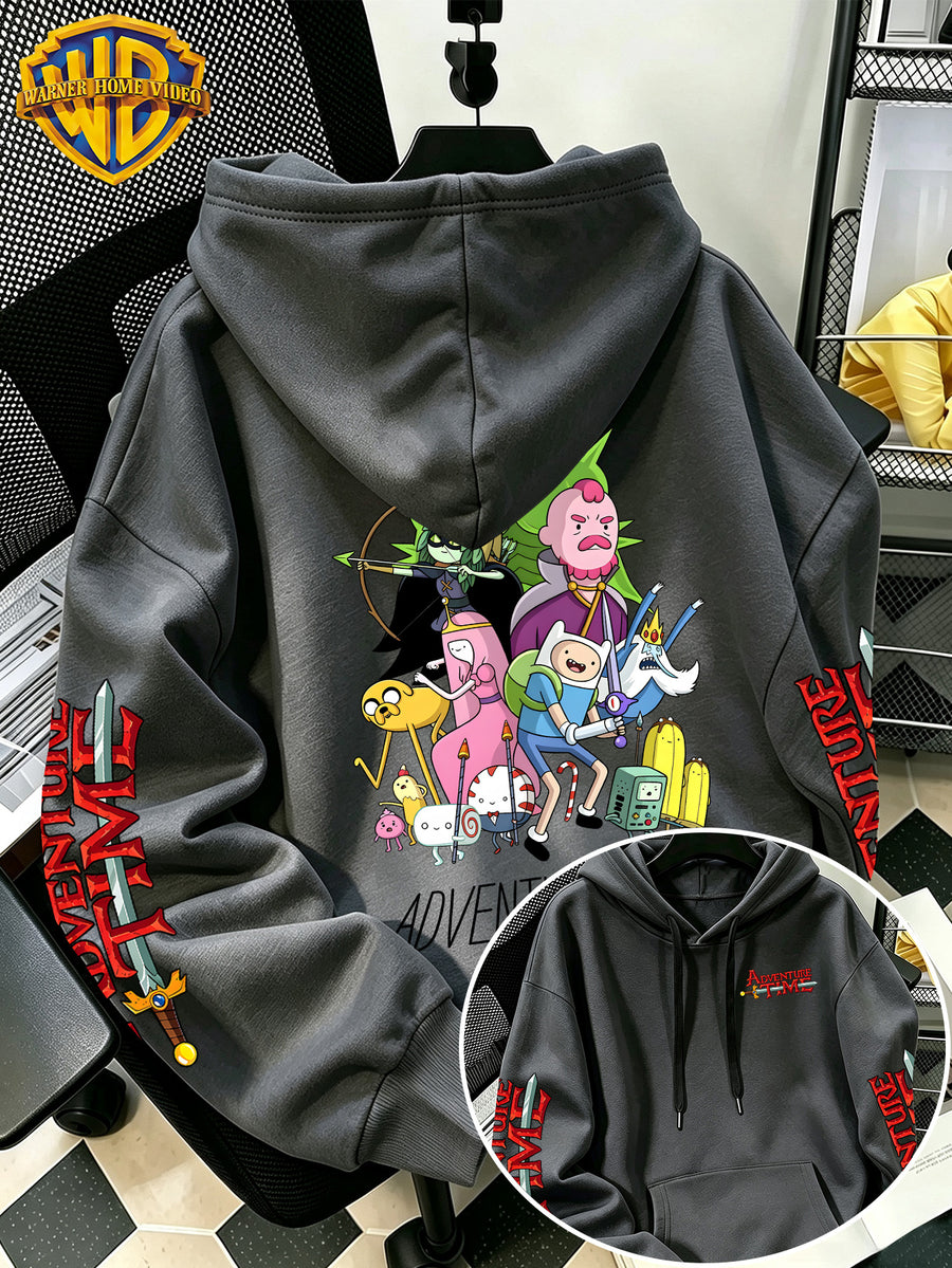 Warner Bros. Men's New Trendy Hoodie, Adventure Time Full Cast Collection Cartoon Graphic Print, Casual Hooded Sweatshirt, Daily Drawstring Loose Pullover Top, Machine Washable Versatile Sporty Casual Men's Top - Dark Gray