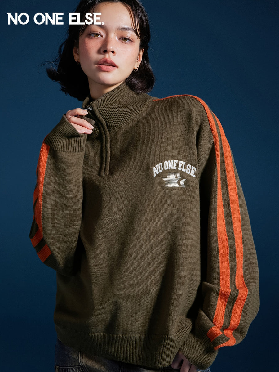 NO ONE ELSE Letter Embroidery Sweater Unisex 2026 Spring Autumn New Color-Block Pullover Top - Military Green