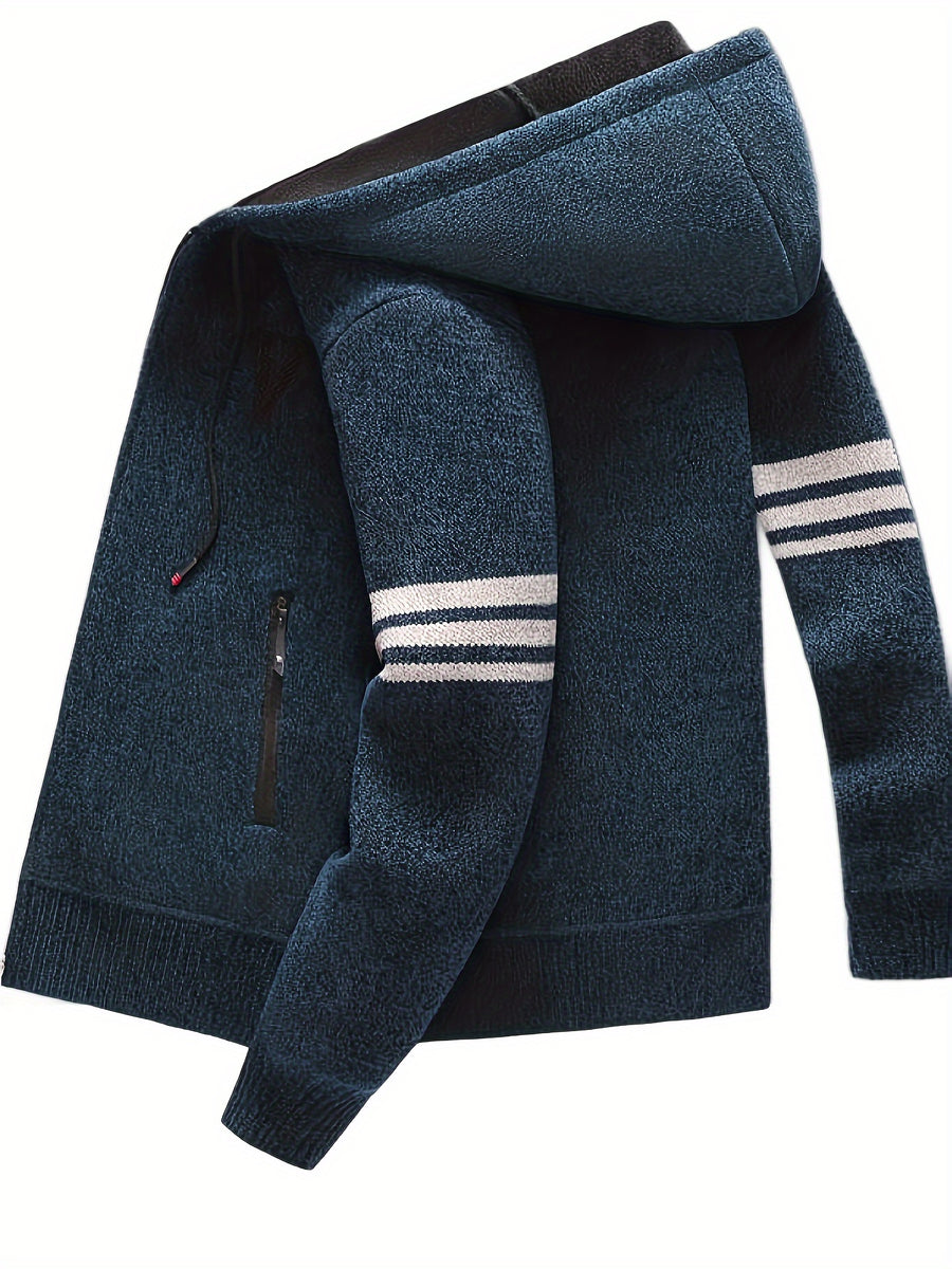 Men'S Striped Fleece Hooded Cardigan, Casual Slightly Stretch Breathable Zip Up Thermal Jacket for Fall Winter Outdoor, Knit - Navy Color