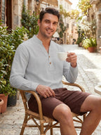 Spring/Autumn Men'S Long Sleeve Polo Shirt, Linen Texture Moisture-Wicking Breathable Sports Casual Henley Shirt, Half-Button Placket Button-Up Solid Color Top - Grey